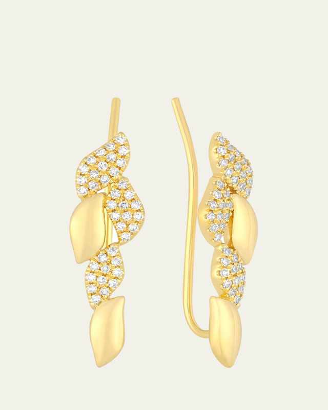14K Yellow Gold Leaf Pave Diamond Ear Climber, Pair